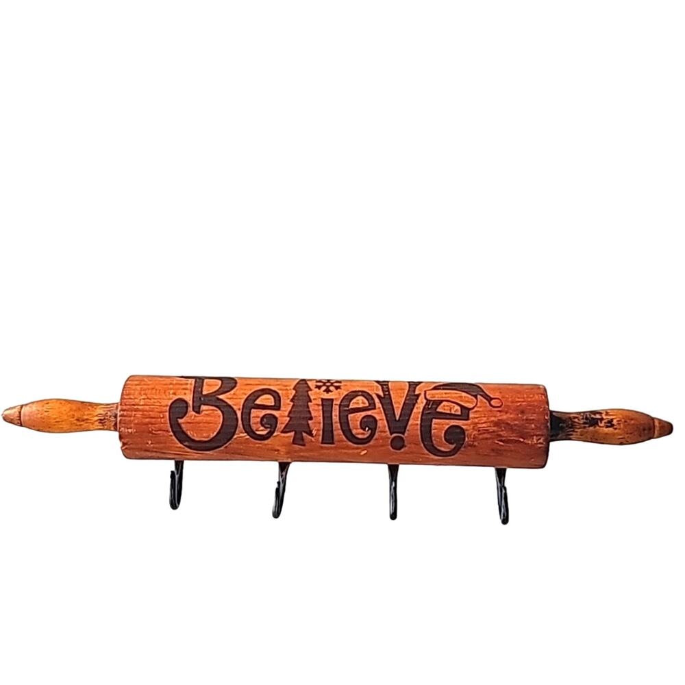 Vintage Christmas Wooden Rolling Pin with 4 Hangers for Pot Holders, Aprons Etc.